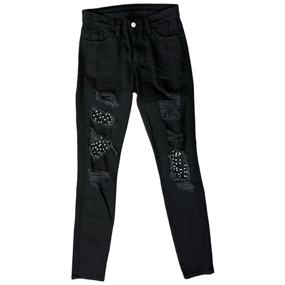 Guess Los Angeles Black Distressed Pearl Skinny Jeans Size 27 Glam Grunge - Picture 1 of 10